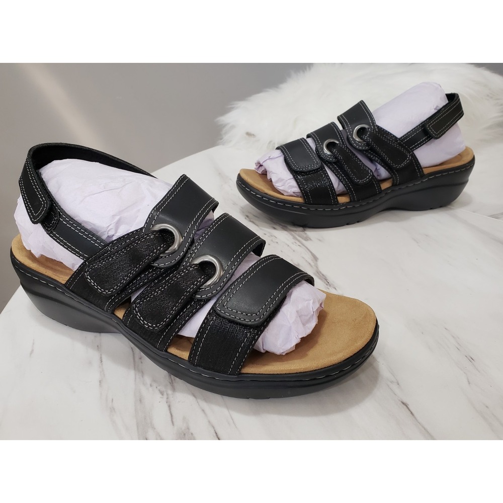 NEW 10 WIDE Clarks Women Merliah 2 Bali BLACK SANDALS LEATHER 81714 ANKLE STRAP